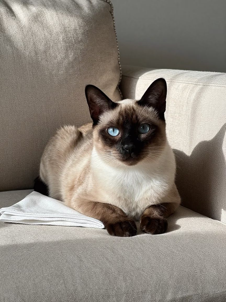 Siamese Cat Lounging on Linen Sofa in Franceville in on a linen sofa with daylight from a nearby window in Franceville