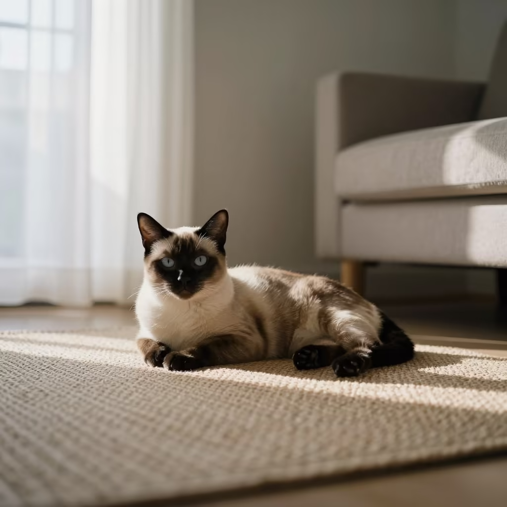 Siamese Cat Lounging on Rug by Shenzhen Window in on a woven rug beside a low couch and an uncluttered wall near Shenzhen