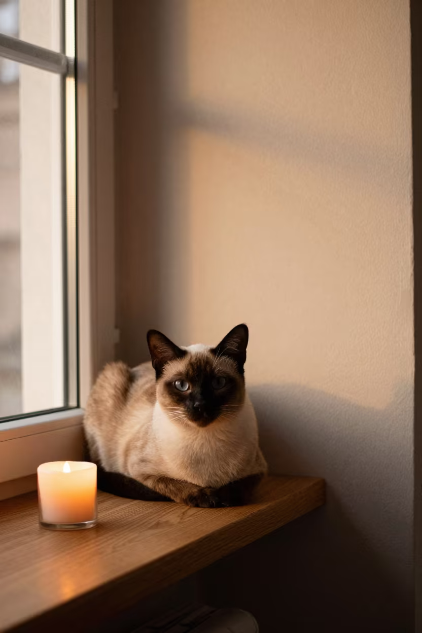 Siamese Cat on Window Seat in Kerman Golden Hour in on a window seat in a quiet apartment with soft side light in Kerman