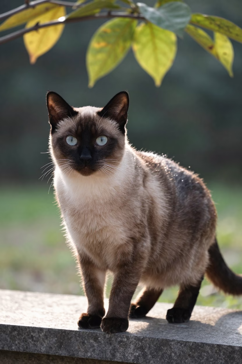 Siamese Cat Portrait at Garden Edge in Potosi in near a garden edge with soft morning light and an uncluttered background in Potosi