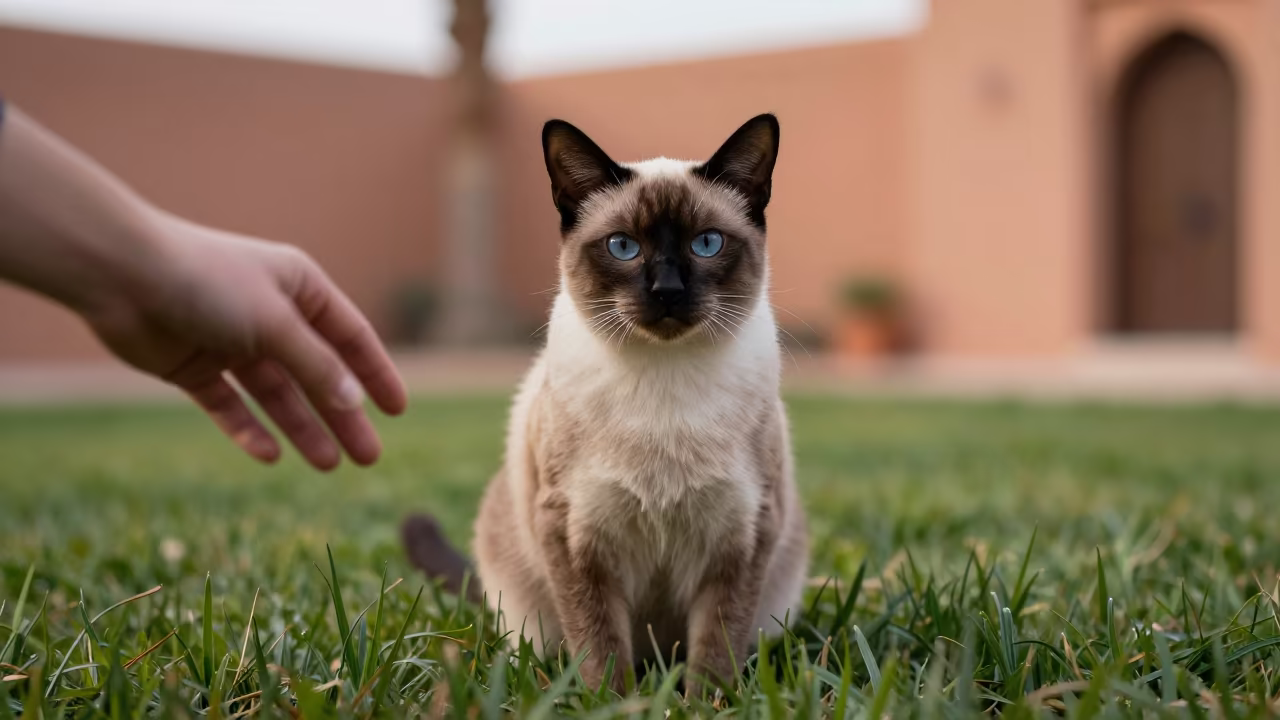 Siamese Cat Portrait in Marrakech Yard in in a small yard with clipped grass, calm light, and the animal centered in frame in Marrakech