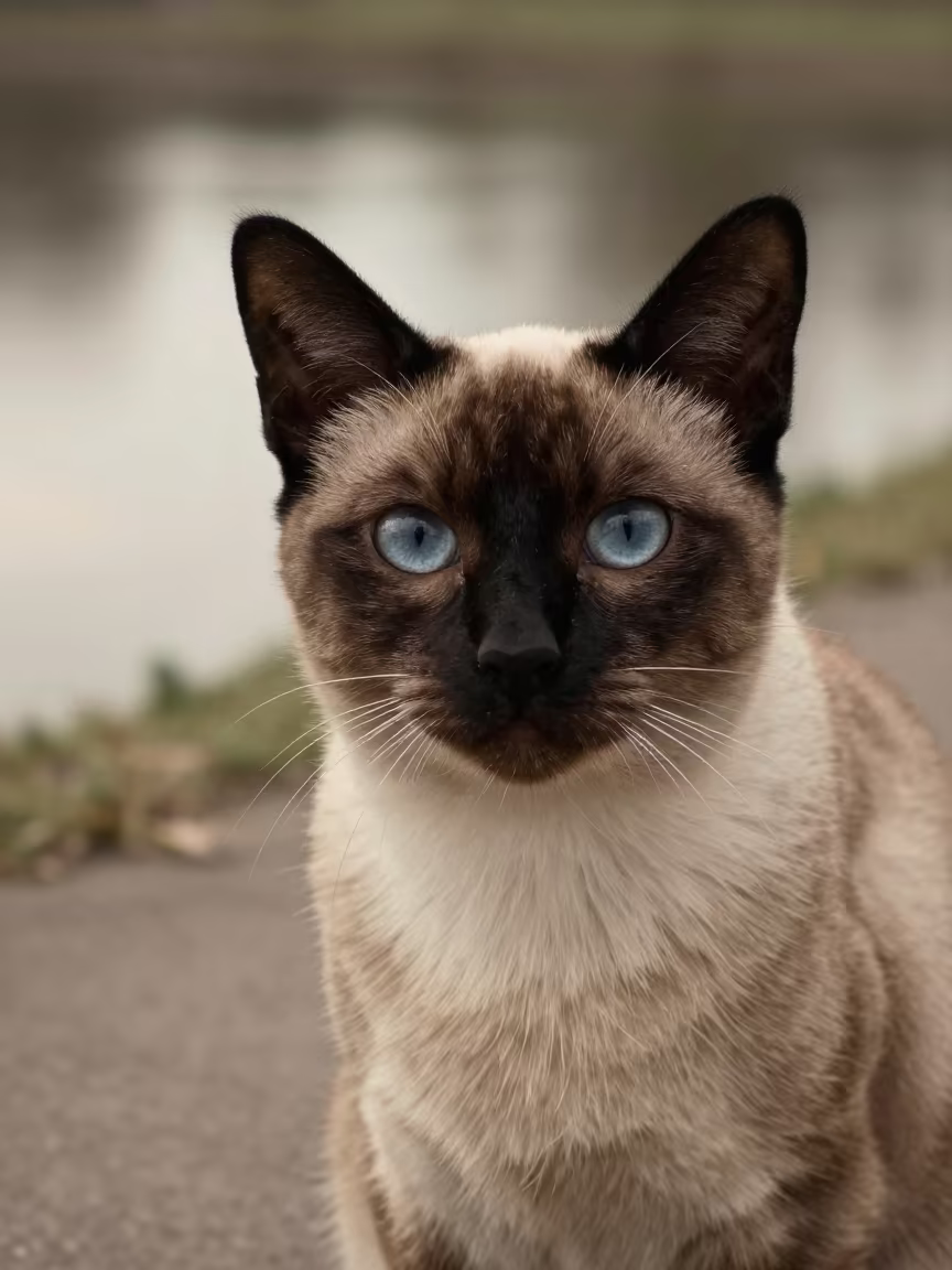 Siamese Cat Portrait Park Path Early 1910s in along a quiet park path with soft open shade and a clean background in Leicester