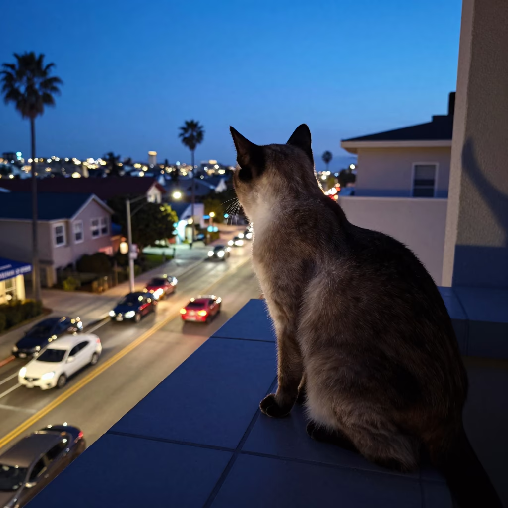 Siamese Cat Watching Evening Traffic on San Diego Balcony During Blue Hour in in San Diego, California, United States