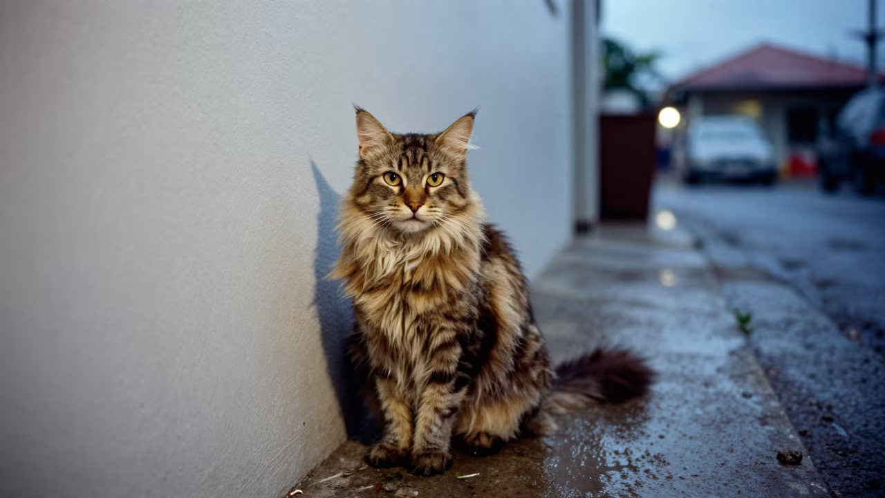 Siberian Cat Beside Courtyard Wall in Lombok in beside a plain courtyard wall in clear daylight with the animal at eye level in Lombok