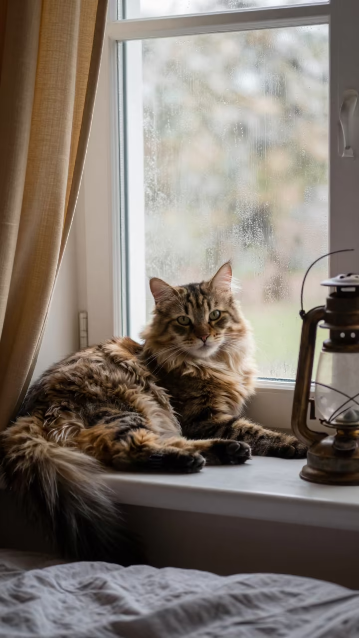 Siberian Cat in Autumn Window Light in on a bedspread near a bright window with calm indoor light near Ashdod