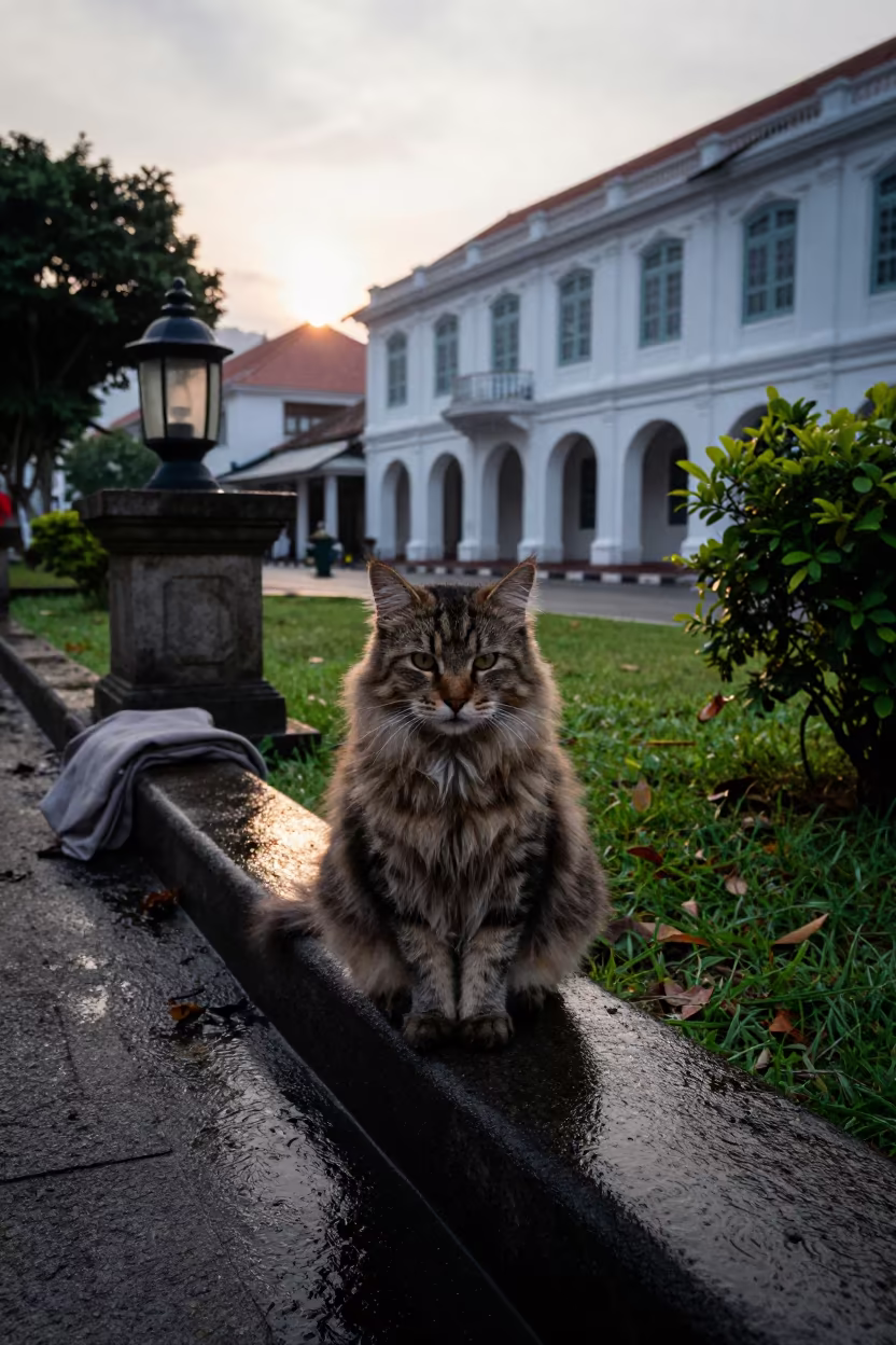 Siberian Cat in Kota Tua Jakarta Dawn Rain in in a small yard with clipped grass, calm light, and the animal centered in frame in Kota Tua, Jakarta