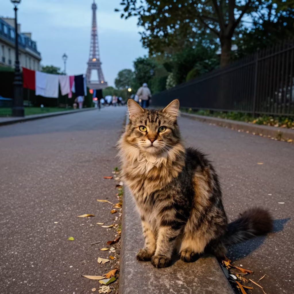 Siberian Cat on Paris Path in Soft Shade in along a quiet park path with soft open shade and a clean background in Paris