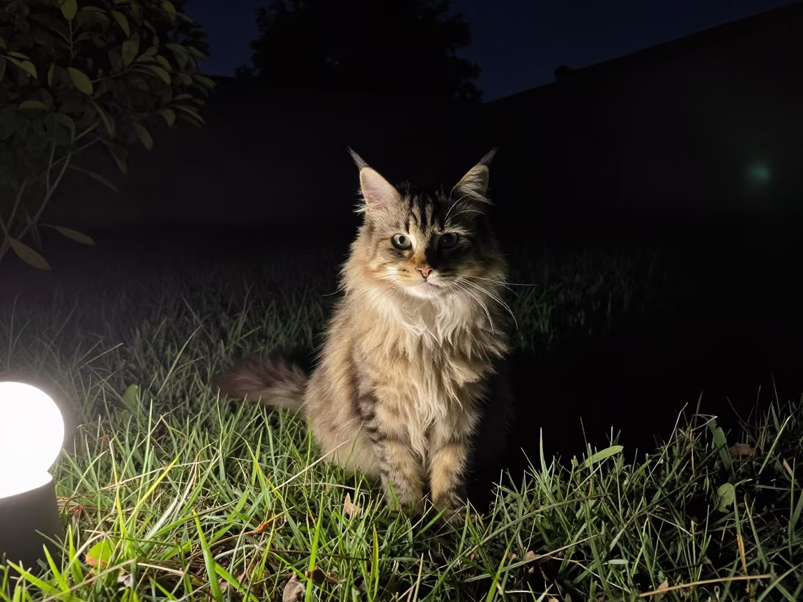 Siberian Cat Portrait in Jamnagar Garden Night in near a garden edge with soft morning light and an uncluttered background in Jamnagar
