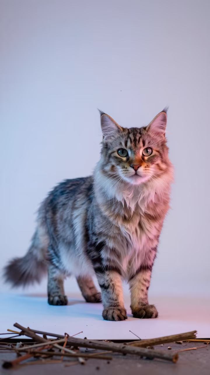 Siberian Cat Portrait in Neon Studio Light in in a quiet portrait studio with a plain backdrop and eye-level framing in Jinan