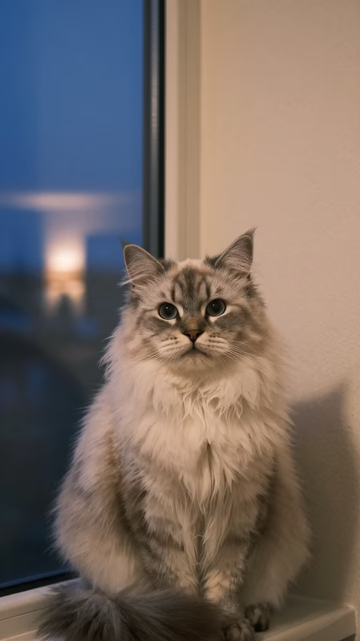 Siberian Cat Portrait in Soft Indoor Light in beside a plain plaster wall in soft indoor light with the animal centered in frame near Kielce