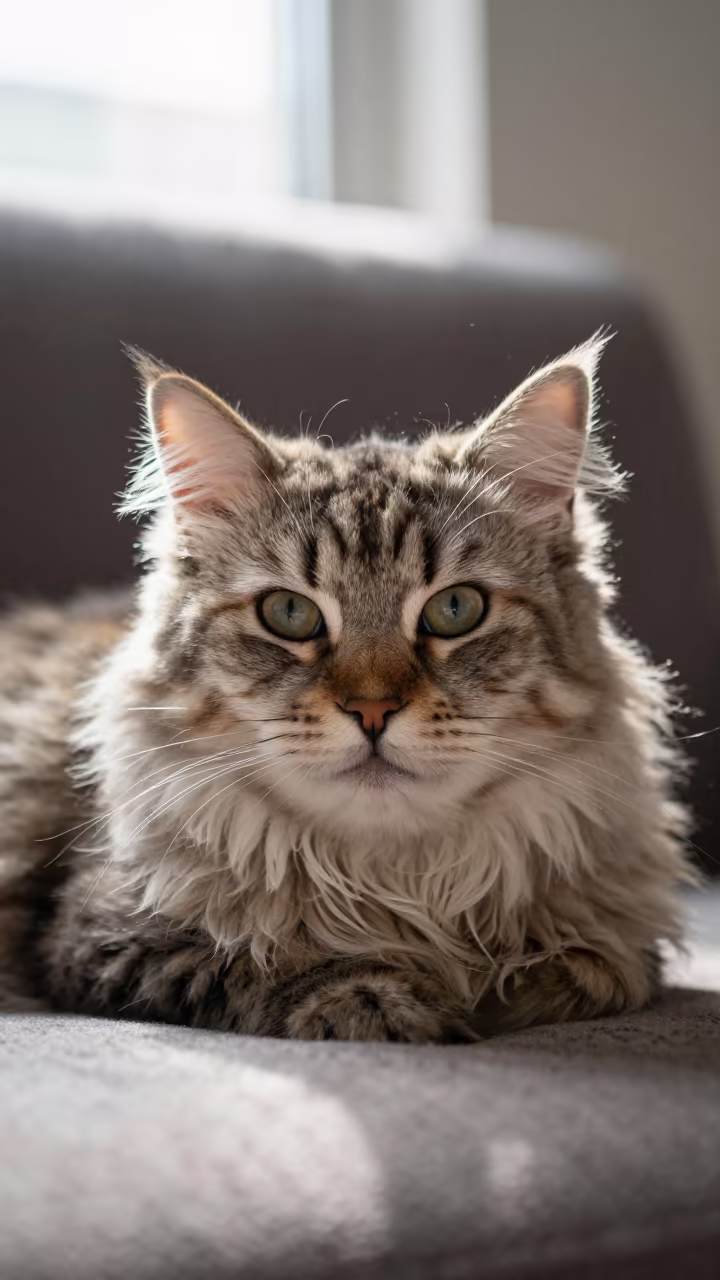 Siberian Cat Portrait on Sofa in Zhangjiajie in on a sofa near a curtained window with calm indoor light in Zhangjiajie