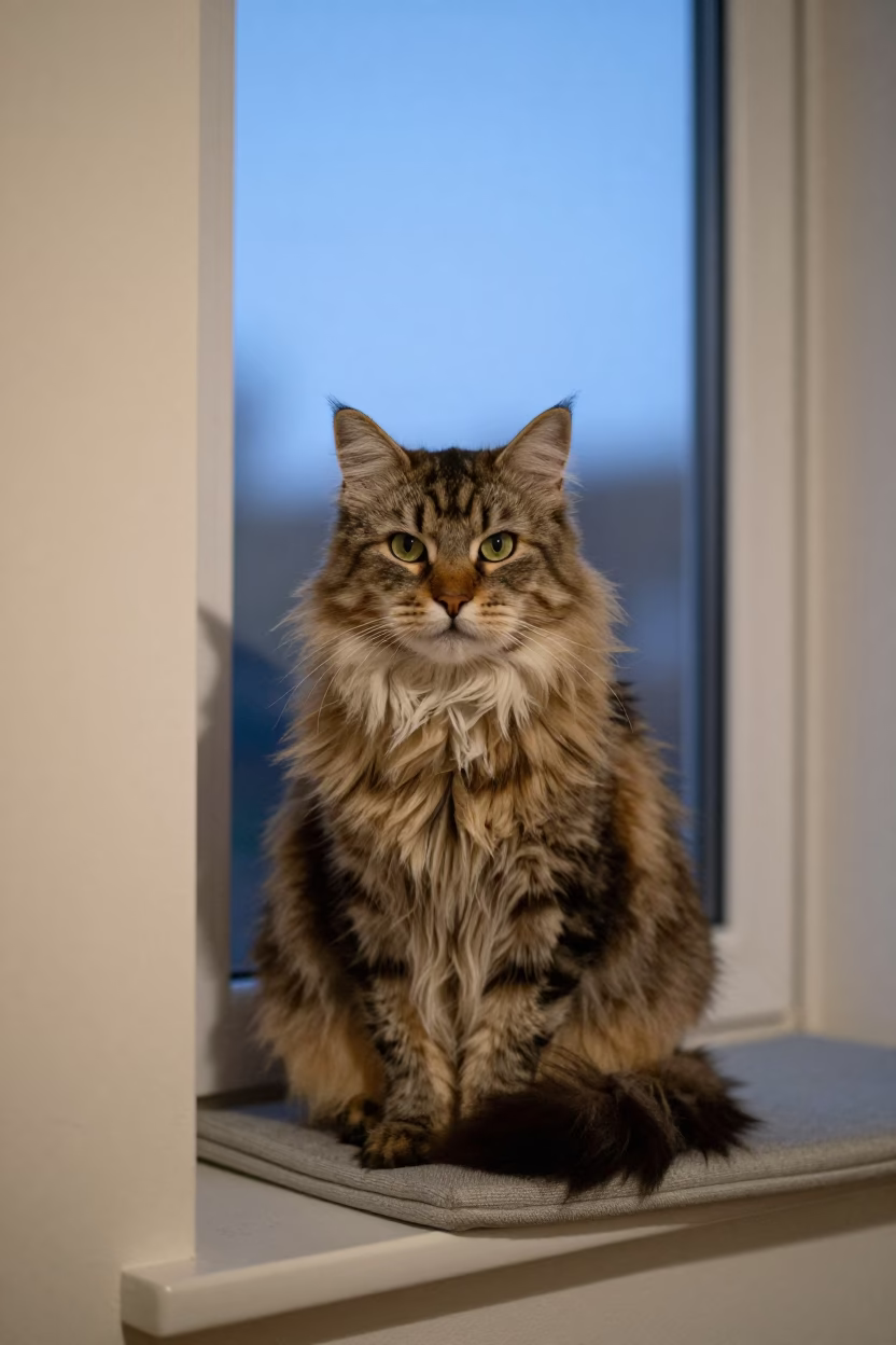 Siberian Cat Portrait on Window Seat at Blue Hour in on a cushioned window seat with soft side light and an uncluttered background in Punto Fijo