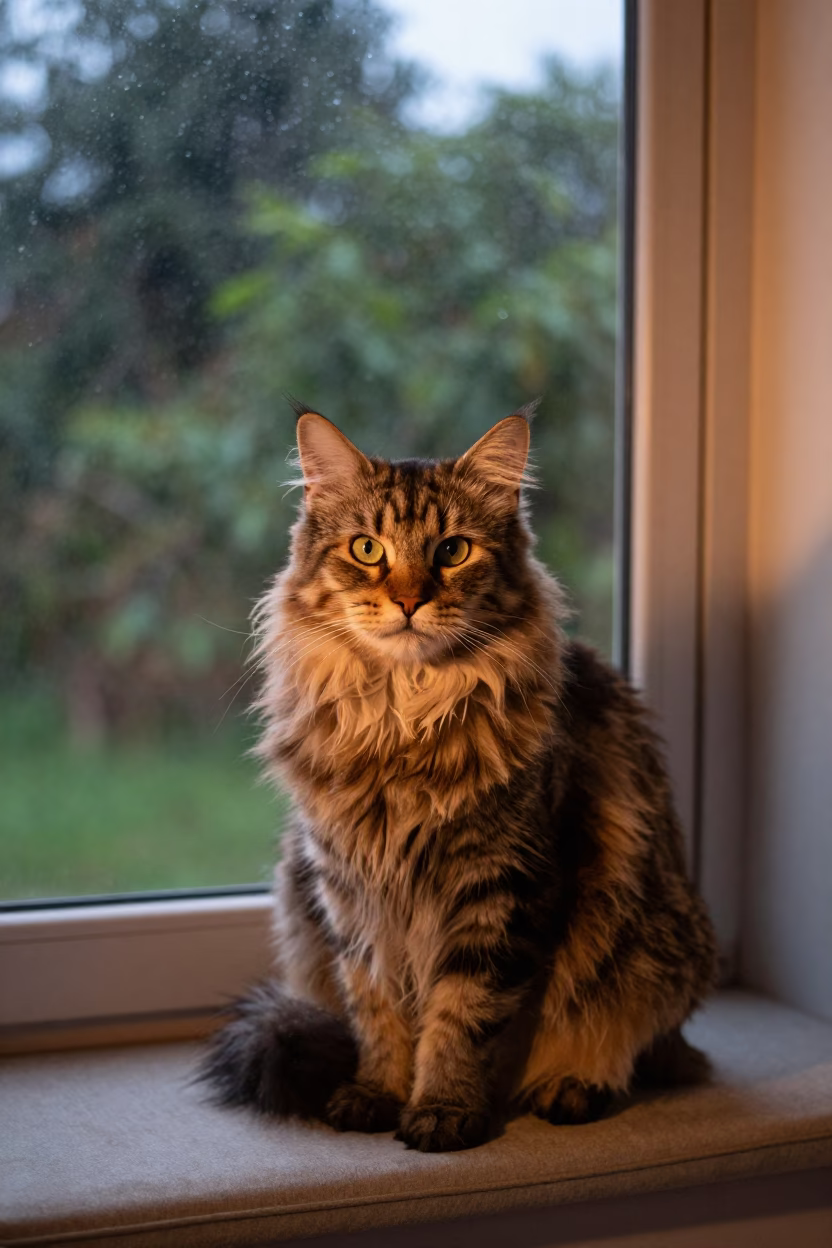 Siberian Cat Portrait on Window Seat in Ile Ife in on a cushioned window seat with soft side light and an uncluttered background in Ile Ife