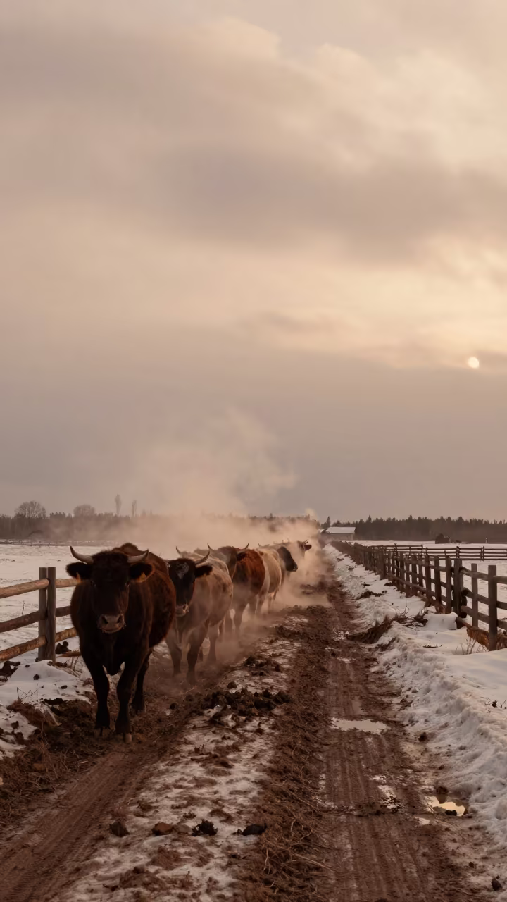 Siberian Cattle in Misty Spring Thaw Light in inside a ranch corral in Siberia