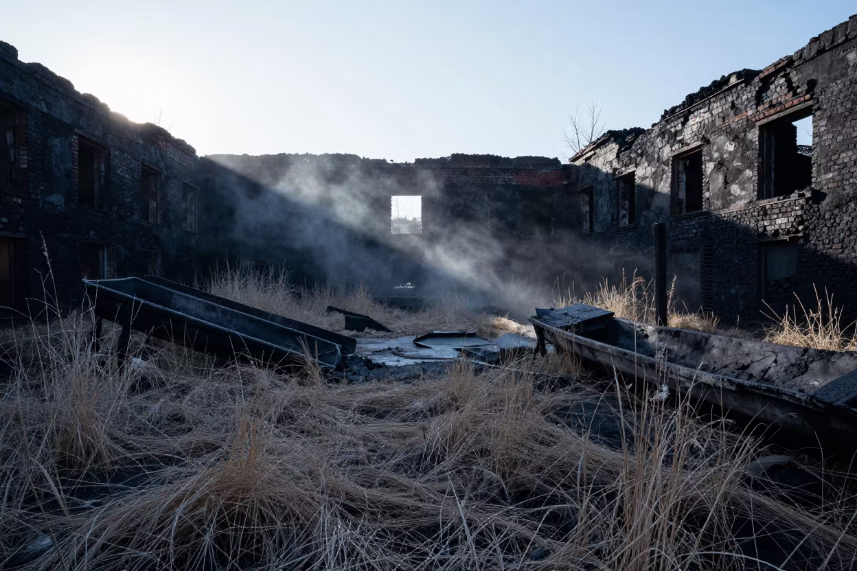 Siberian Coal Washery Ruin in Predawn Light in through a courtyard reclaimed by grasses in Siberia