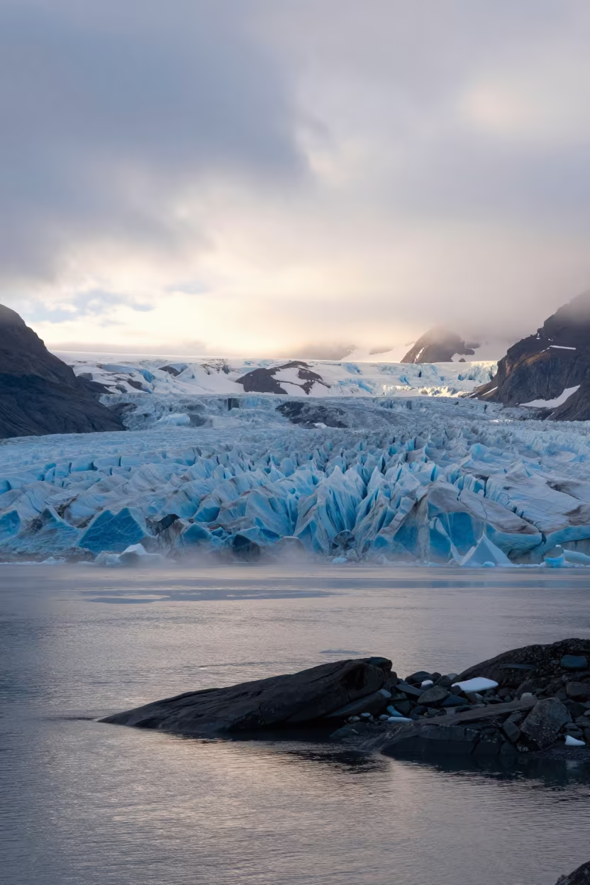 Siberian Glacier Calving at Sunrise in Arctic Summer in across a wide valley floor in Siberia