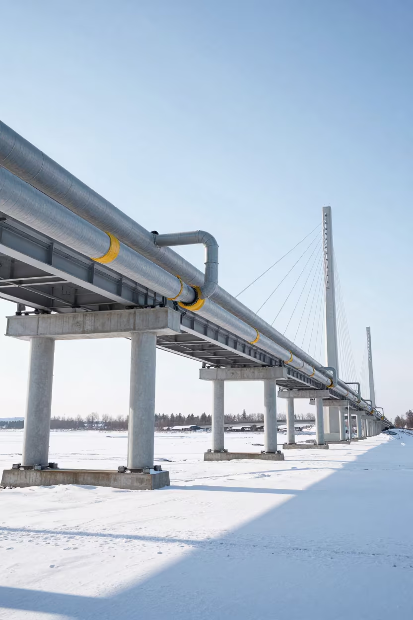 Siberian Heating Pipes Under Bridge in Endless Summer in under a cable-stayed bridge span in Siberia