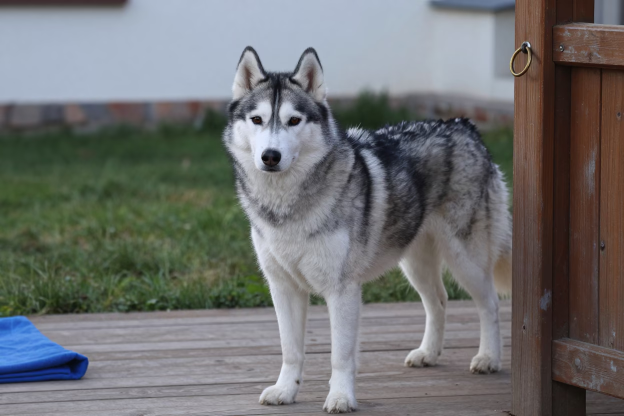 Siberian Husky on Qingdao Porch at Dawn in in a small yard with clipped grass, calm light, and the animal centered in frame in Qingdao