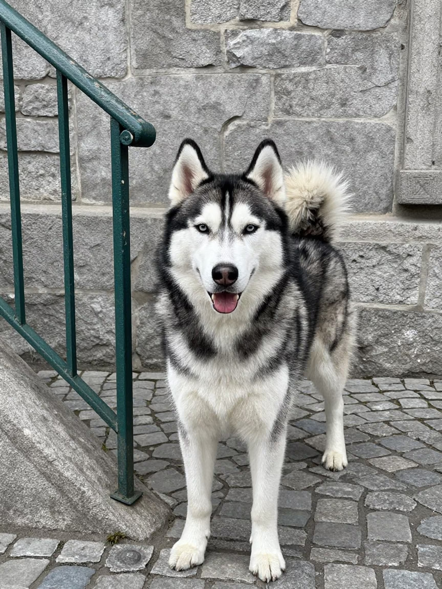 Siberian Husky Portrait Beside Quebec Courtyard Wall in beside a plain courtyard wall in clear daylight with the animal at eye level in Quebec City