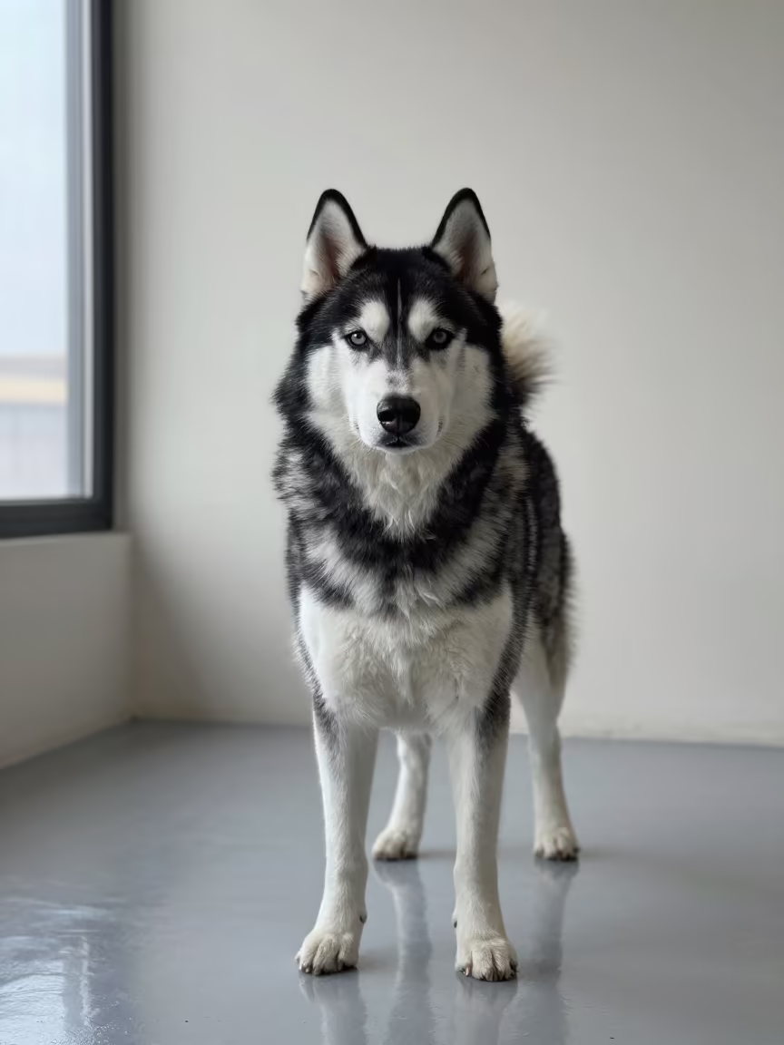 Siberian Husky Portrait in Cool Studio Light in in a quiet portrait studio with a plain backdrop and eye-level framing near Nottingham