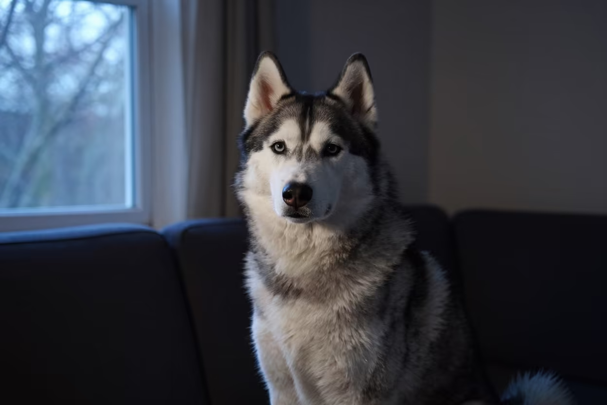 Siberian Husky Portrait in Early Spring Dawn in on a sofa near a curtained window with calm indoor light in Dadu