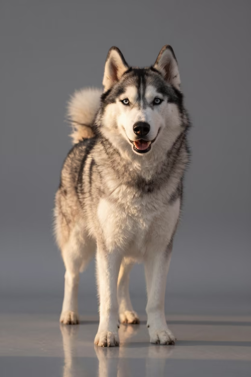 Siberian Husky Portrait in El Mahalla Studio in in a quiet portrait studio with a plain backdrop and eye-level framing in El Mahalla El Kubra