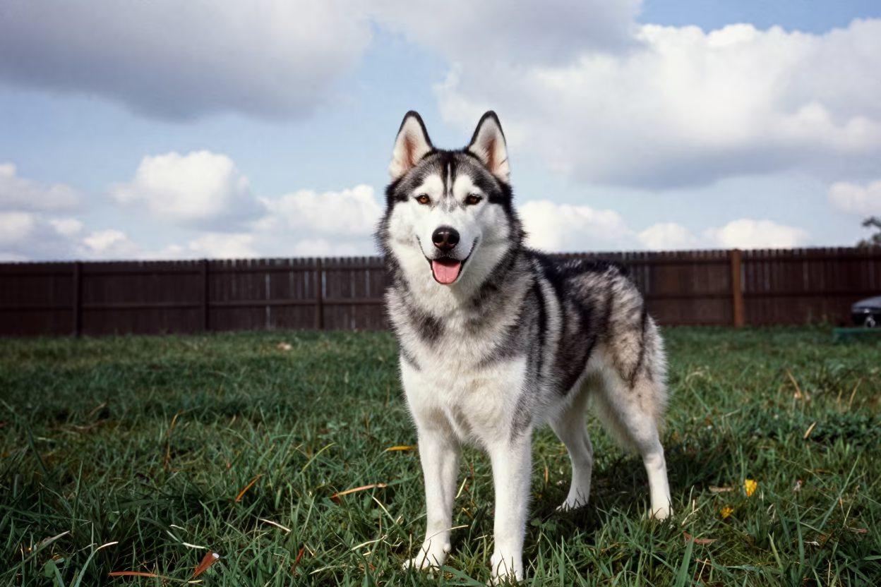 Siberian Husky Portrait in Fremantle Yard at Sunset in in a small yard with clipped grass, calm light, and the animal centered in frame near Fremantle