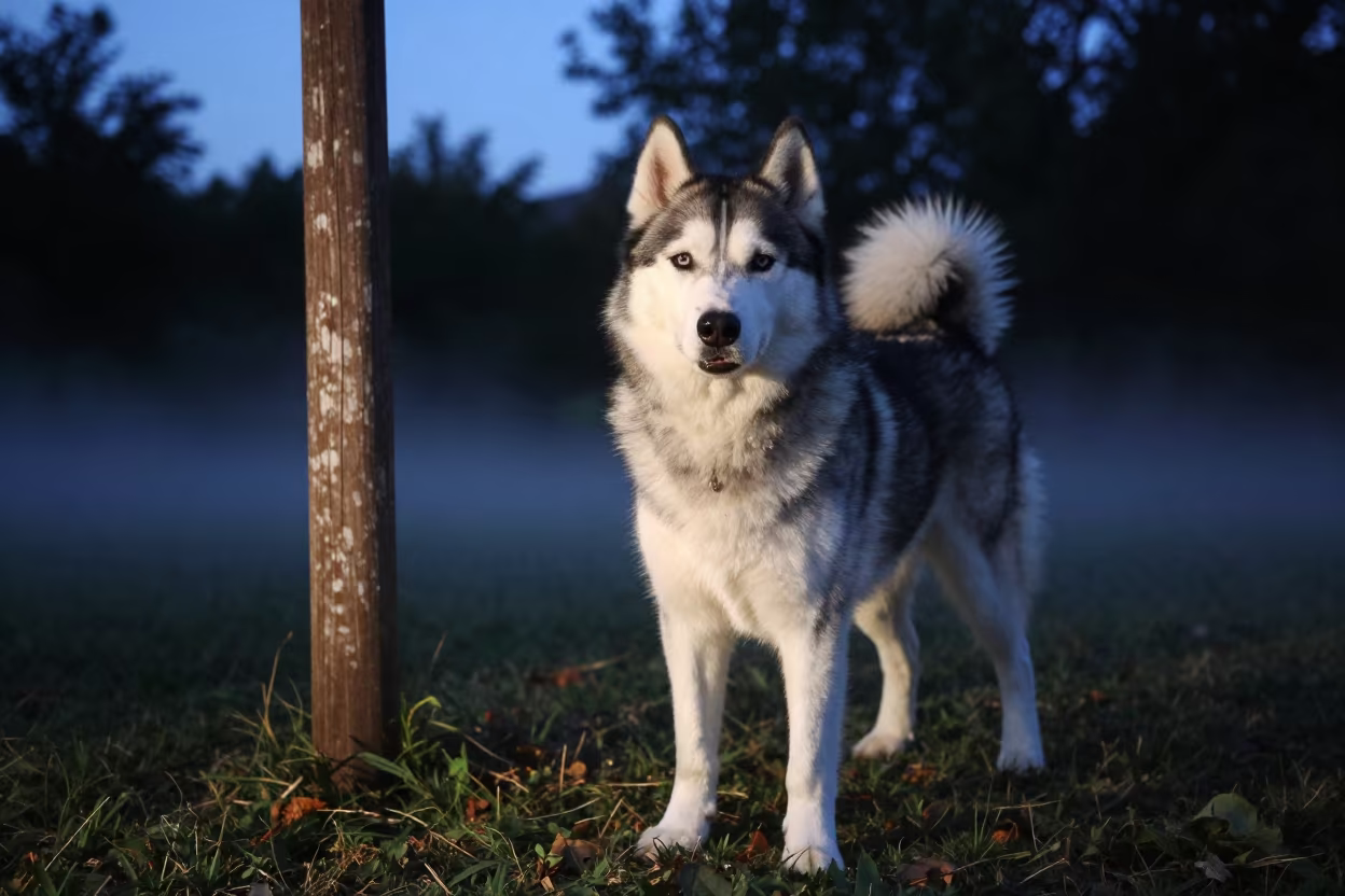 Siberian Husky Portrait in Izmit Garden Twilight in near a garden edge with soft morning light and an uncluttered background near İzmit