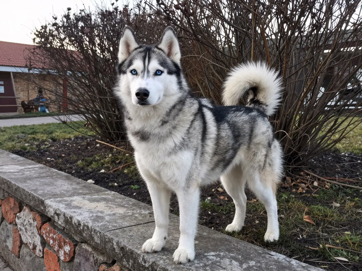 Siberian Husky Portrait in Olsztyn Garden Morning Light in near a garden edge with soft morning light and an uncluttered background in Olsztyn