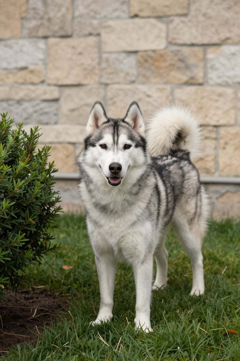 Siberian Husky Portrait in Sanaa Yard in in a small yard with clipped grass, calm light, and the animal centered in frame near Sanaa