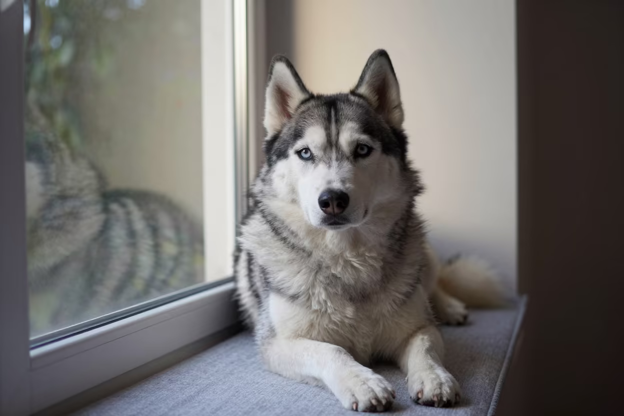 Siberian Husky Portrait on Cabinda Window Seat in on a cushioned window seat with soft side light and an uncluttered background in Cabinda