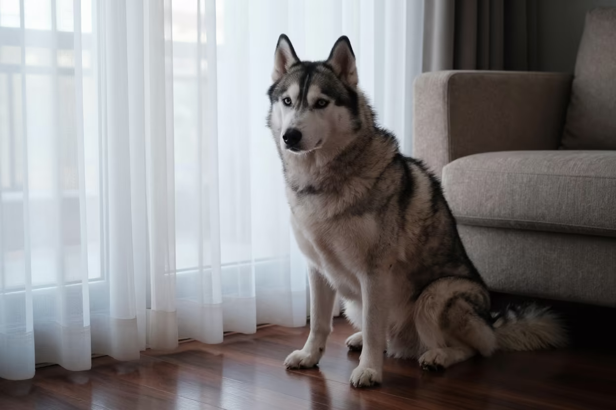 Siberian Husky Portrait on Sofa Near Window in on a sofa near a curtained window with calm indoor light in Riyadh