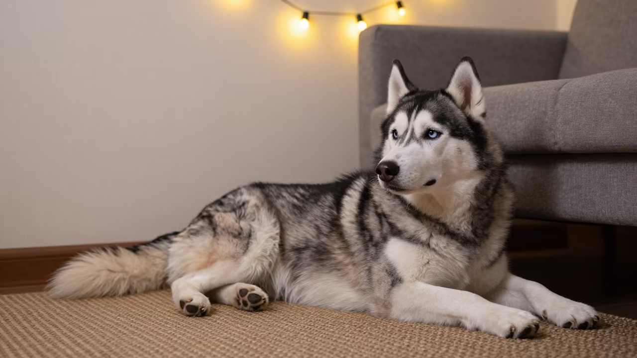 Siberian Husky Resting on Woven Rug in Harbin Home in on a woven rug beside a low couch and an uncluttered wall near Harbin