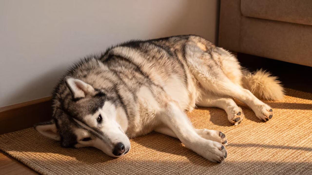 Siberian Husky Resting on Woven Rug in on a woven rug beside a low couch and an uncluttered wall near Prato