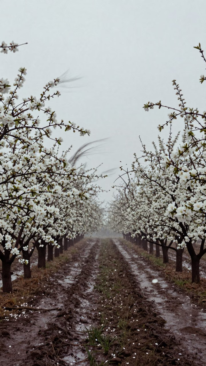 Siberian Orchards Bloom in Dawn Wind in along freshly irrigated rows in Siberia