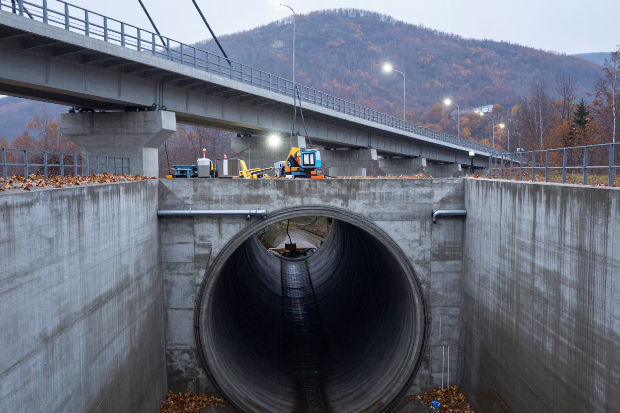 Siberian Sewage Tunnel Under Cable-Stayed Bridge in under a cable-stayed bridge span in Siberia