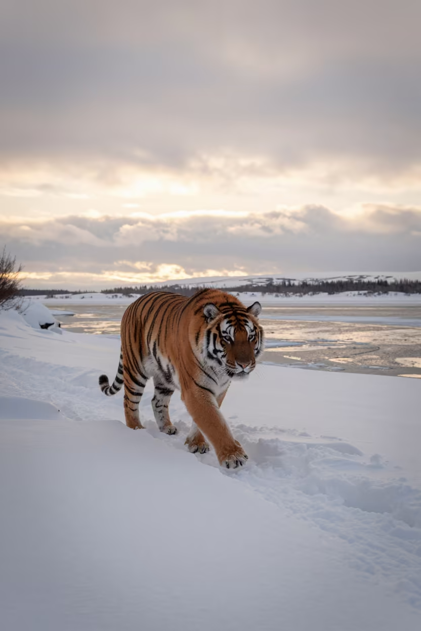 Siberian Tiger Prowling Deep Snow Alaska in beside a tidal inlet in Alaska