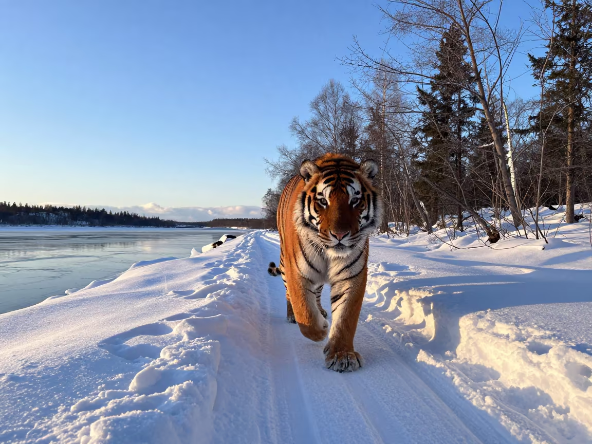 Siberian Tiger Prowling Deep Snow Near Rovaniemi in along a game trail near Rovaniemi