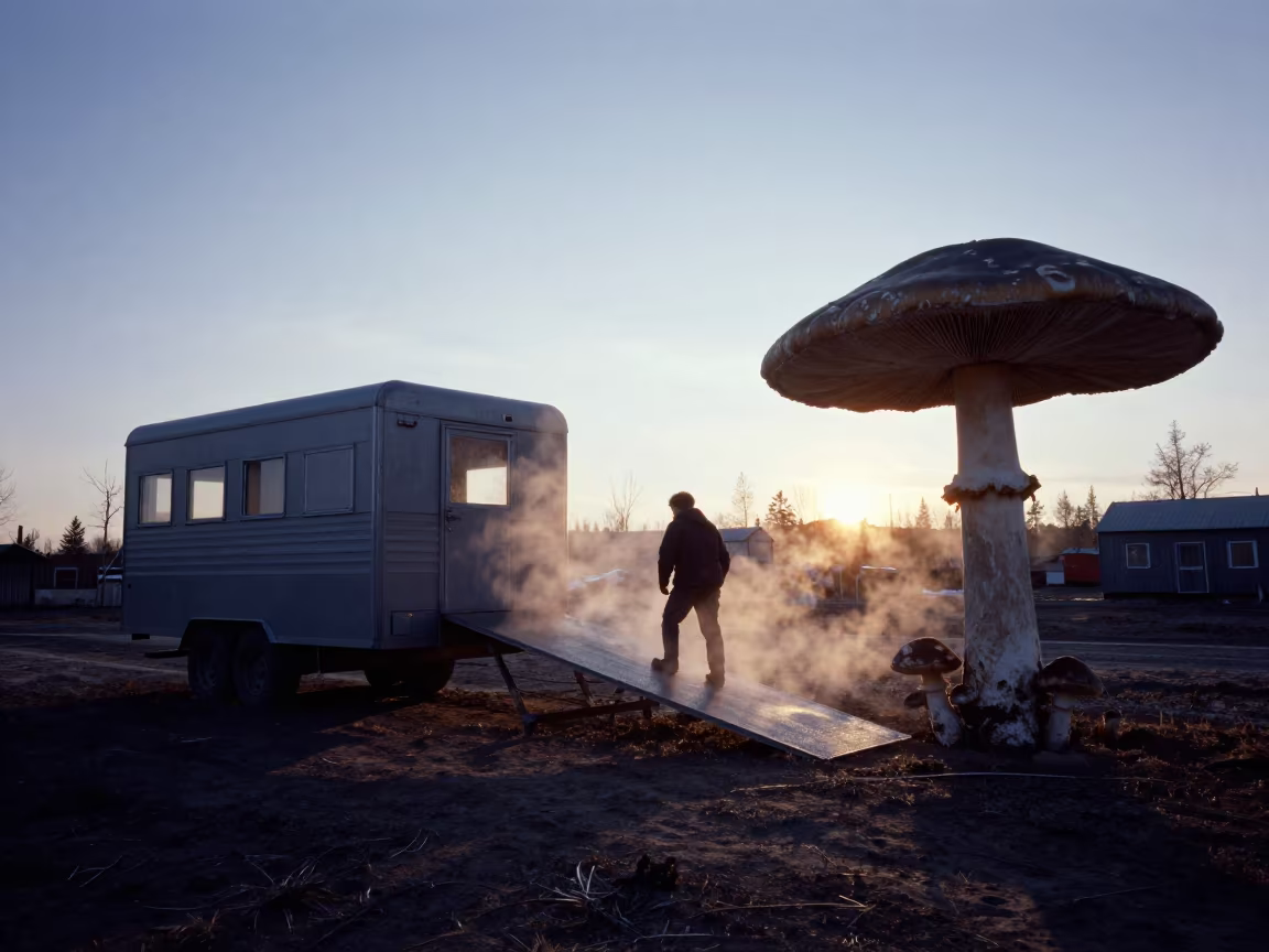 Siberian Twilight Stock Trailer Ramp With Giant Mushrooms in beside a pasture gate in Siberia
