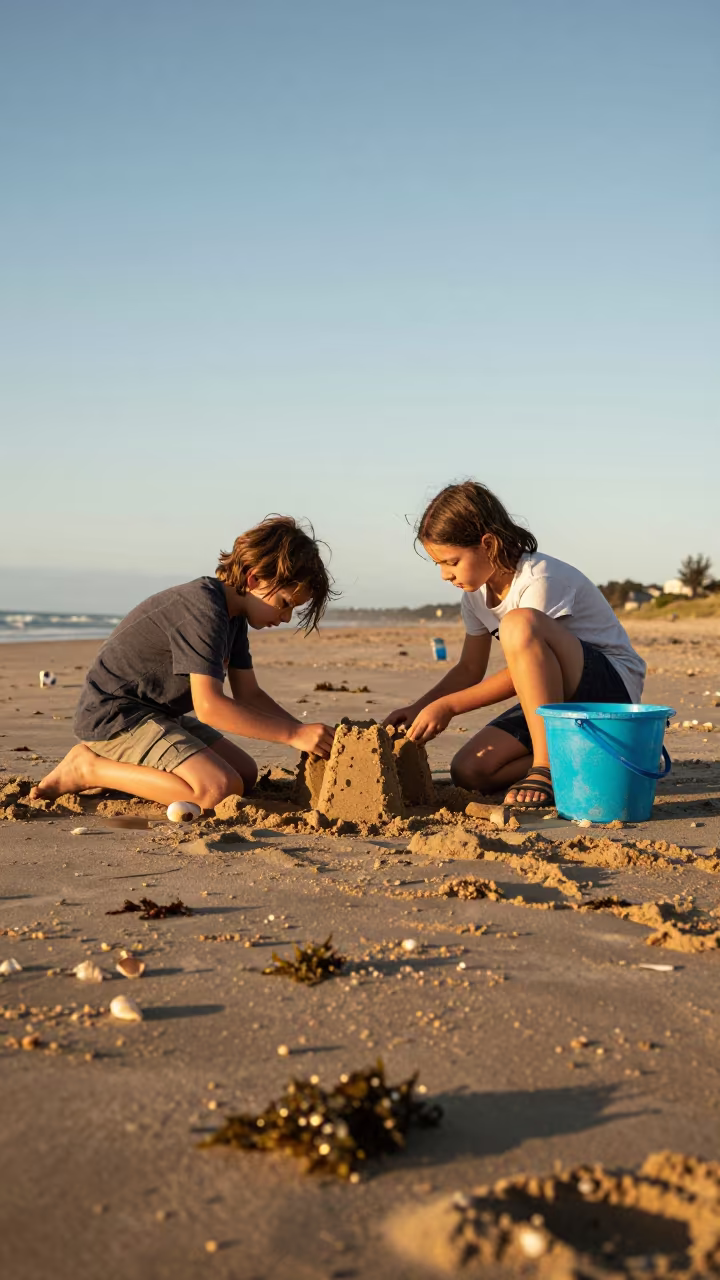 Siblings Build Sandcastle in Auckland Evening in in Auckland