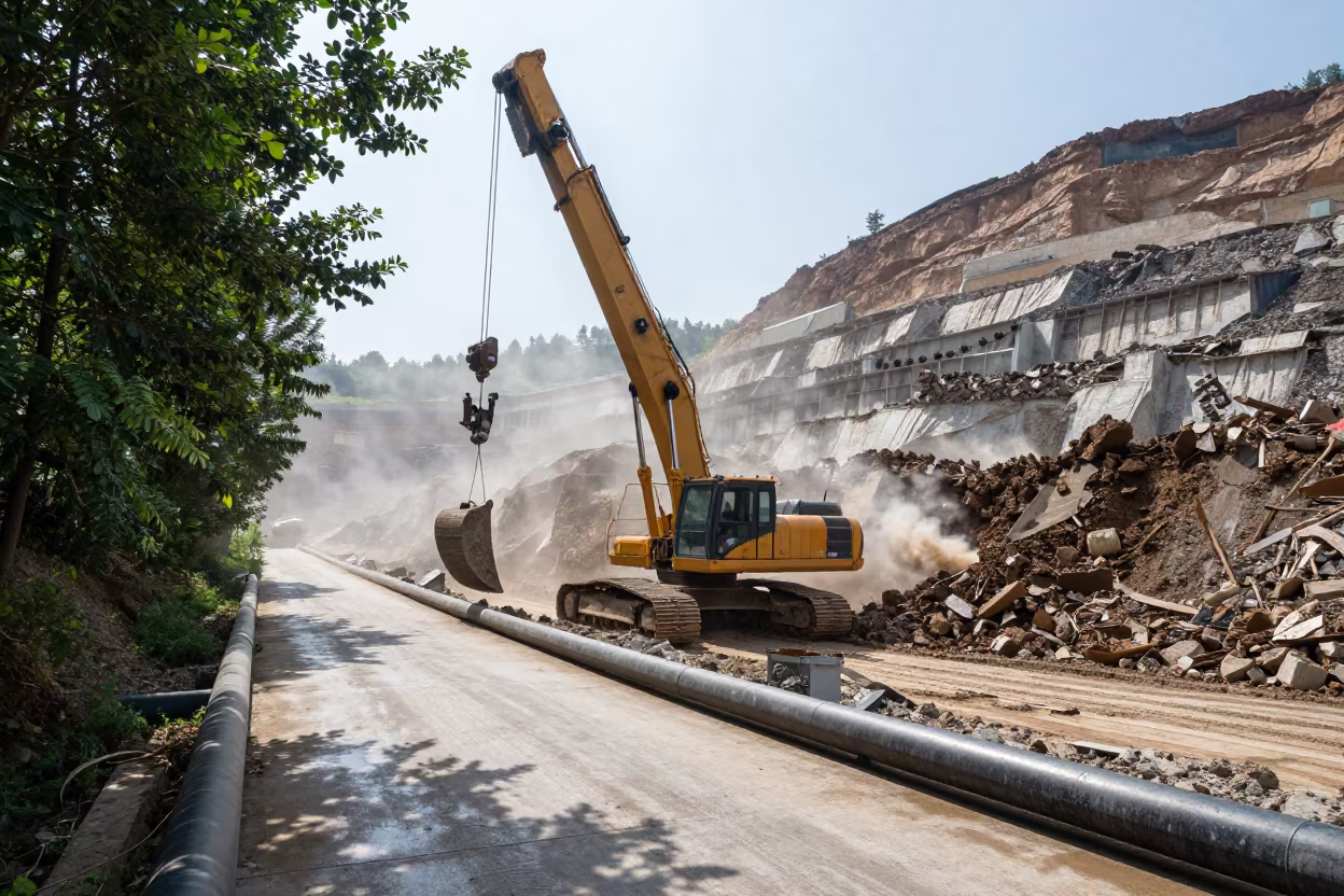 Sichuan Dragline Excavator Midday Dappled Light in along a service road lined with pipes in Sichuan