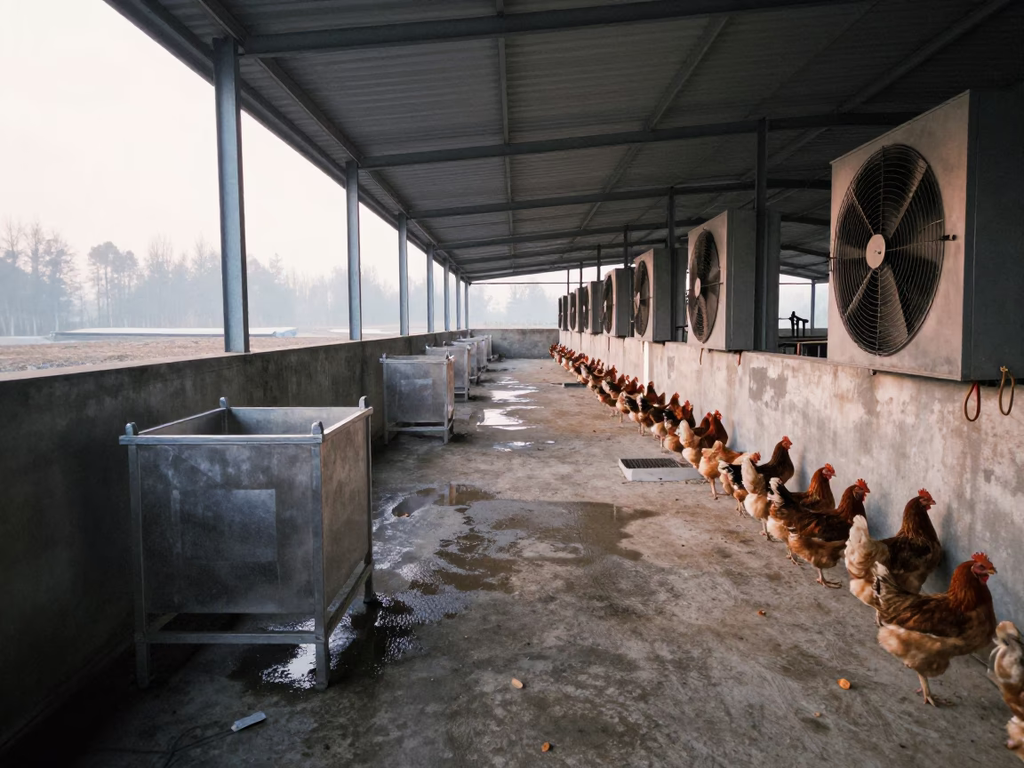 Sichuan Poultry House Veterinary Crush at Dawn in in a poultry house aisle in Sichuan
