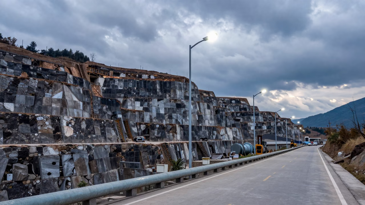 Sichuan Quarry Terraces at Dusk with Work Lights in along a service road lined with pipes in Sichuan