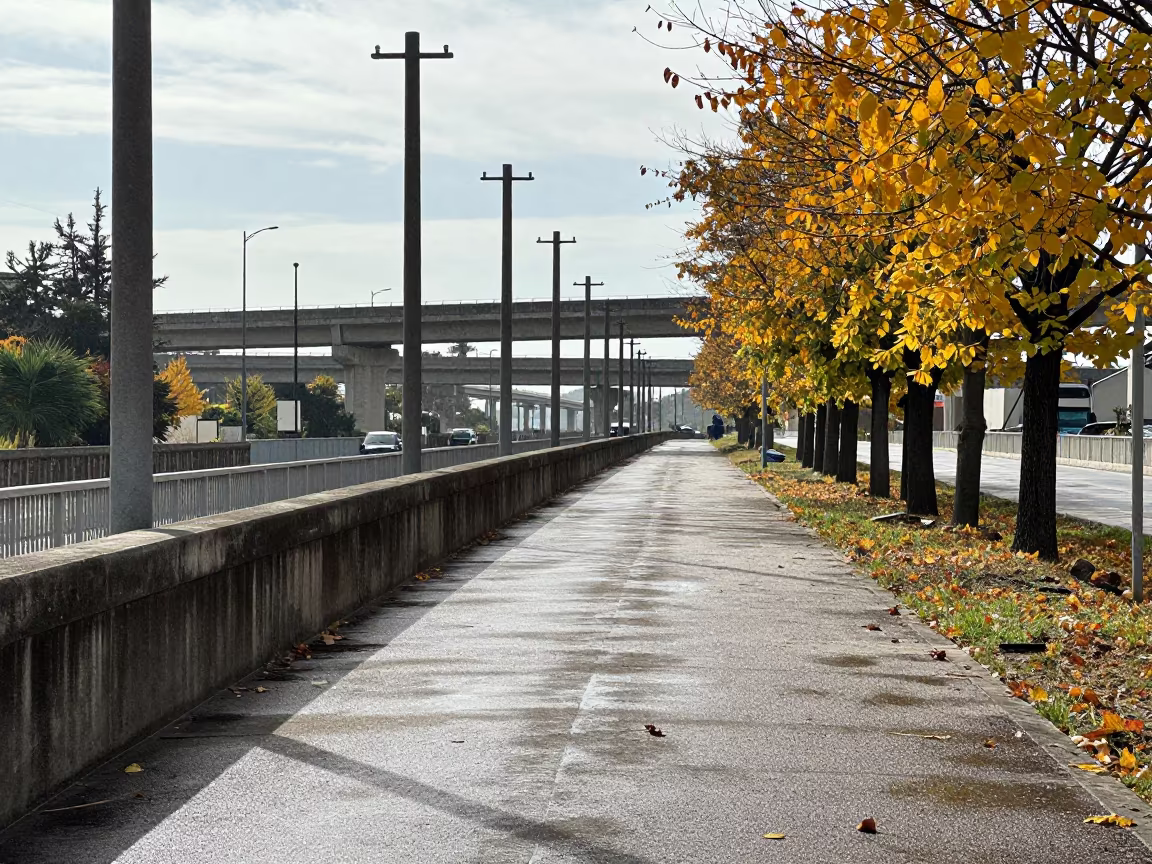 Sicilian Canal Towpath Under Utility Poles in across a windy overpass interchange in Sicily