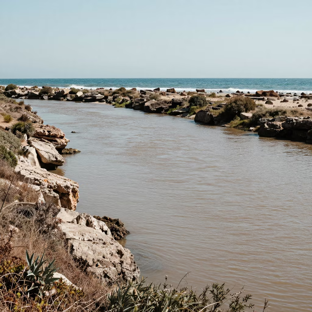 Sicilian Estuary Where River Meets Ocean in along a wave-cut shoreline in Sicily