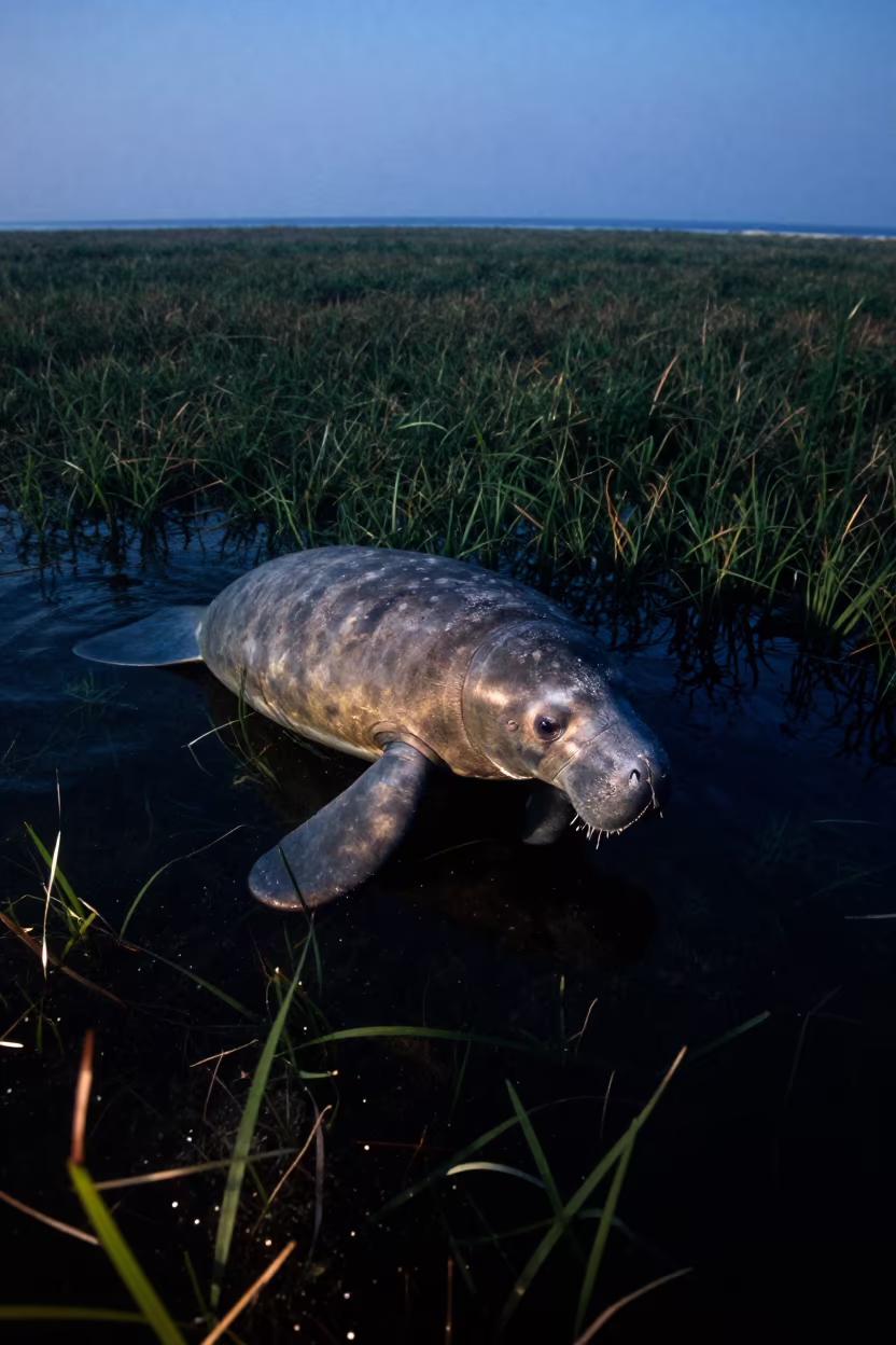 Sicilian Manatee Evening Shadow Seagrass in above a seagrass meadow in Sicily