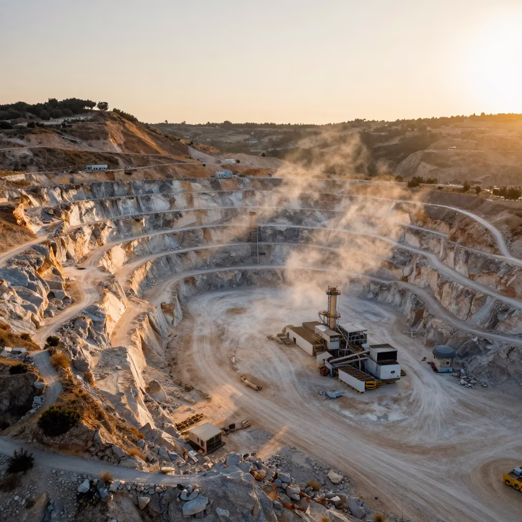 Sicilian Quarry Rock Layers Evening Panorama in across an active works site in Sicily