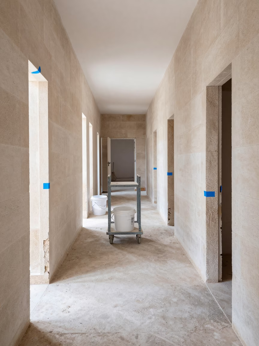 Sicilian Renovation Hallway with Drywall Carts in inside an unfinished corridor in Sicily