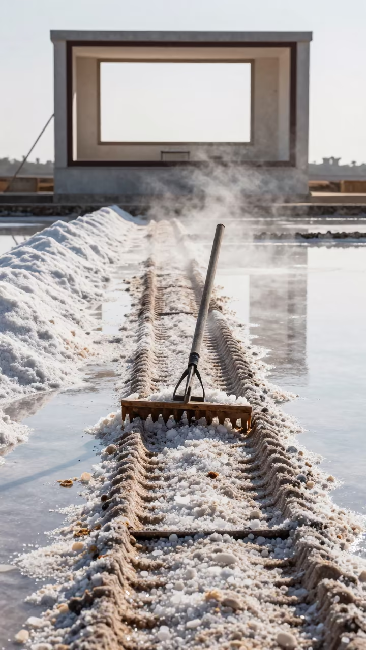 Sicilian Salt Harvester with Indoor Window View in beside a tractor track through dark soil in Sicily