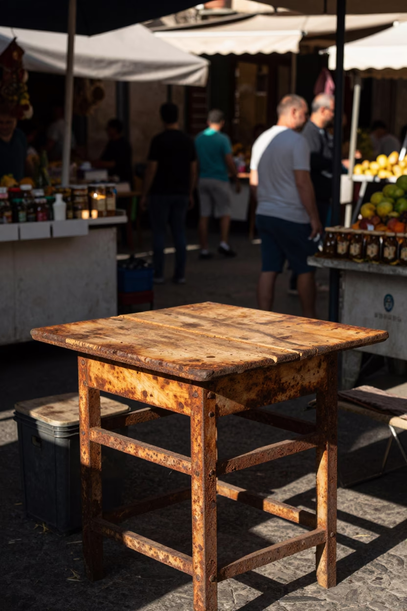 Sicilian Street Market Scene in Palermo Italy with Rusty Table and Woven Cane Basket in in Palermo, Italy